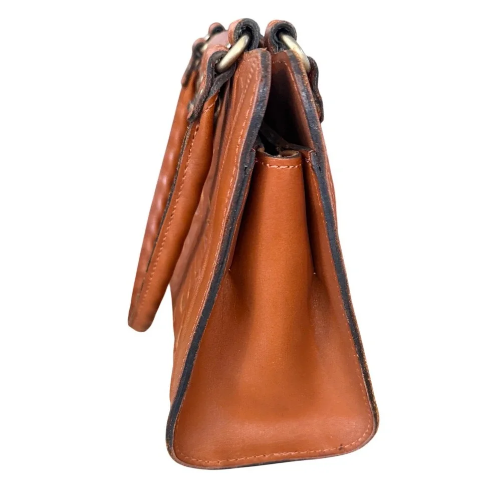 Patricia Nash Tan Tooled Leather Floral Handbag Gold Underlay Cross Turn-Lock
